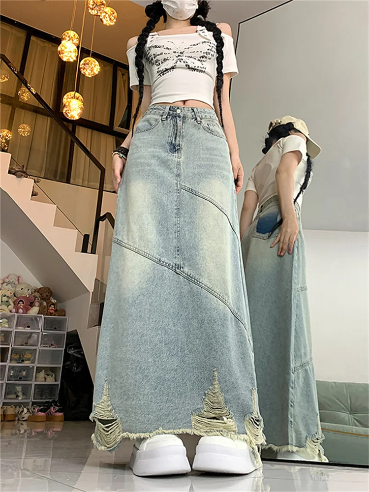 plus Size Denim  Skirt Women's High Waist A-Line Skirts with kets Button Detail Zipper Closure Faded Effect Long Skirts
