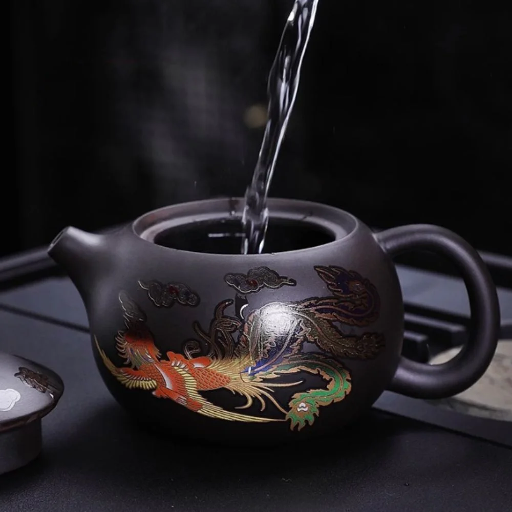 

Dragons Phoenixs Pattern Changes Color Purple Clay Teapot Hand-made Filter Hole Design KungFu Teapot Retro Chinese Style