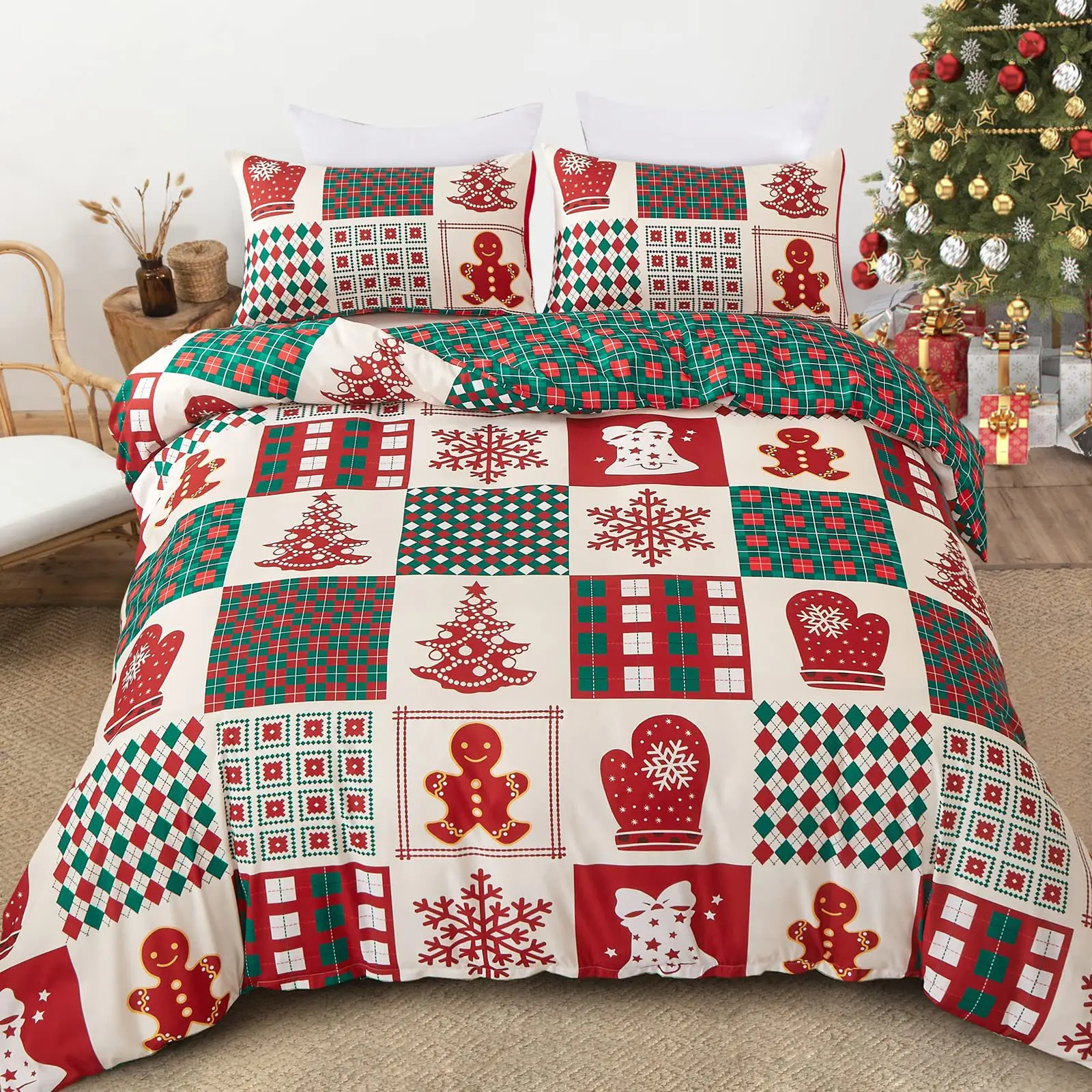 Green Red Bedding Set Merry Christmas Duvet Cover Set for New Year Home Bedroom Decor Soft Cozy Machine Washable Christmas Gift