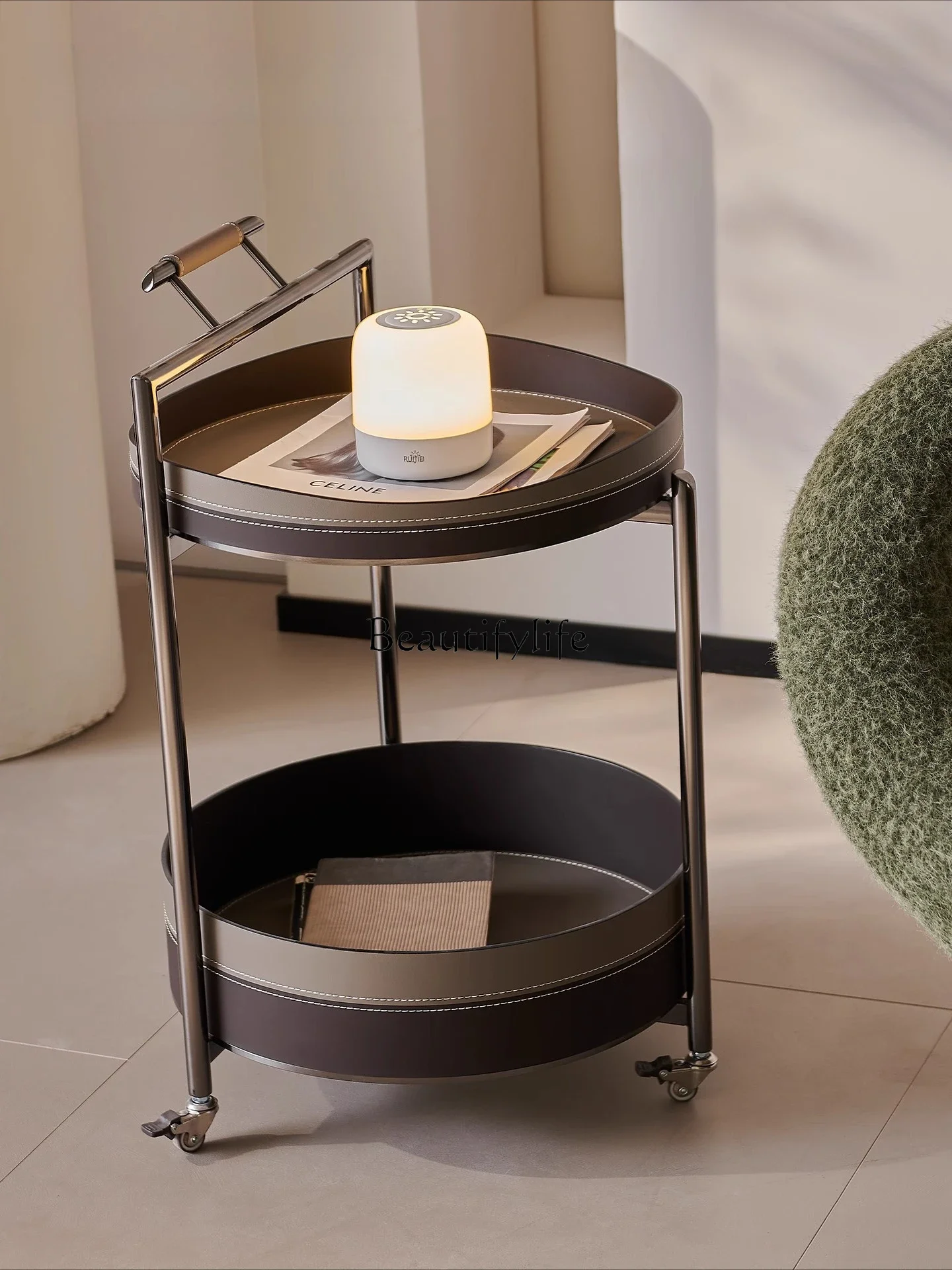 

05-ls 18Italian Style Modern High-End Sofa Side Table Light Luxury Premium Living Room Corner Table Saddle Leather Small Trolley