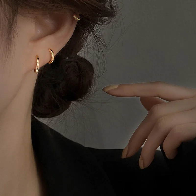 Silver Color 6/8/10MM Smooth Surface Round 14K Gold Plated Hoop Earrings For Women Classic Fine Jewelry Piercing Ear Accessories