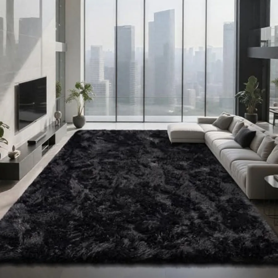 

Shag Area Rugs for Bedroom Living Room, 8X10 Ultra Soft Fluffy Indoor Carpet in Black Nursery Dorm Use, Room Home Decor