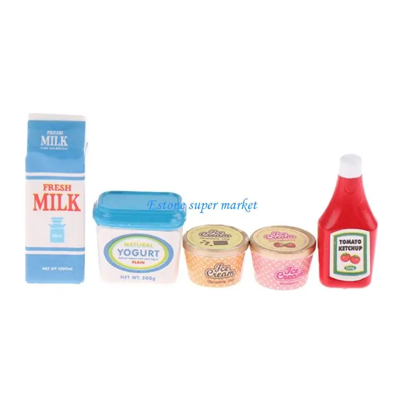 090B 5 Stuks Miniatuur Speelvoedsel Set Poppenhuis Scène Arrangement Realistische Ketchup Ijs Yoghurt voor Kinderen Rollenspel