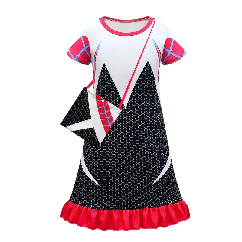 Summer New Girls Home Night Dress Children Cosplay Party Costumes Cartoon Spider Gwen Ruffled Dress Kids Clothes