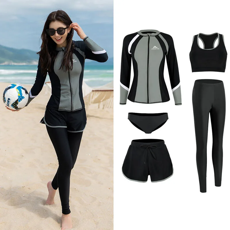 

Women's/Men's 5-3 Piece Rash Guards Long Sleeve UV Sun Protection Shirt Leggings Bikini Swimsuit Zip up Swim Top/Bottoms Sunsuit