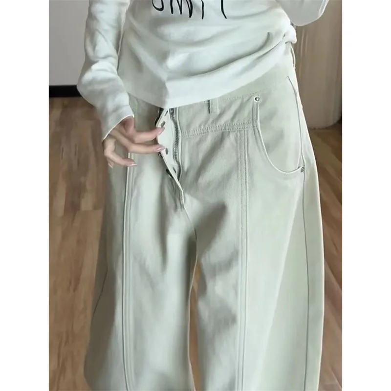 Summer Femme Curved Knife Wide Leg Jeans Retro Ladies High Waist Cowboy Trousers Spring Women Loose Straight Leg Denim Pantalons