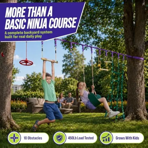 Obstacle Course for Kids - Outdoor Fun 2x55 Ft Slackline Clim Net Rope Ladder Trapeze Swing Monkey Bars - Durable and