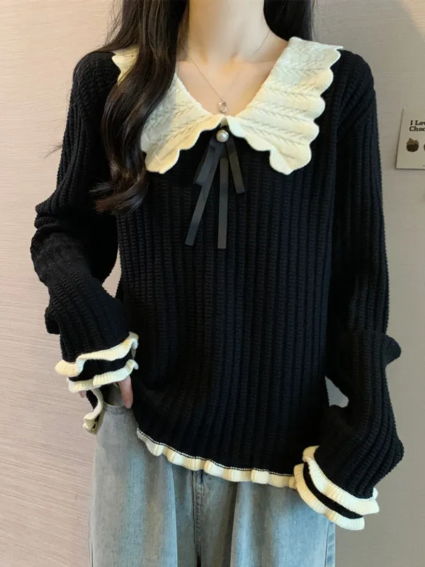 

Faionable Thiened Large Size Women's Sweater Doll Collar Loose Fit Belly Concealing Knitted Top Korean Sle Autumn Winter