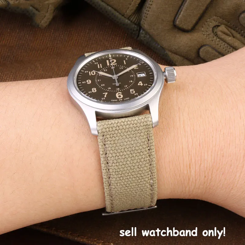 Canvas watchband for Hamilton khaki /aviation/ field outdoor sports nylon+cowhide strap 20mm 22mm black/khaki/brown