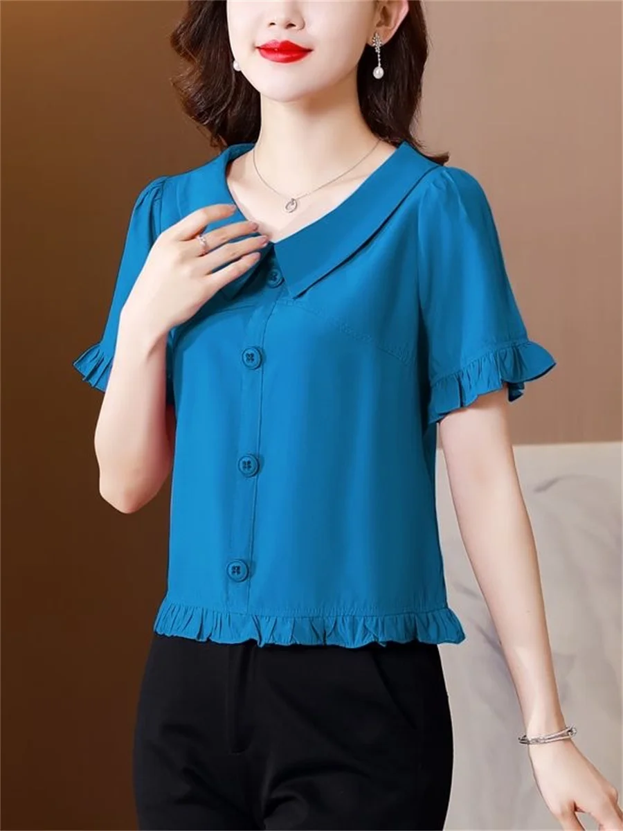 Woman Summer Style Slim Blouses Tops Lady Casual Half Lantern Sleeve Peter Pan Collar Solid Color Blusas Tops DF4405