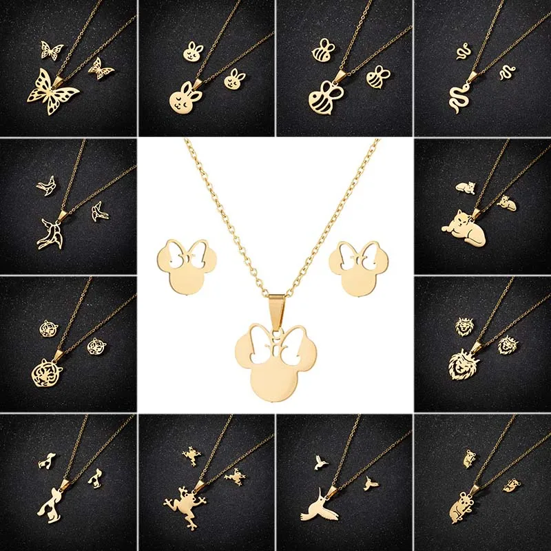 Jisensp Stainless Steel Jewelry Sets Anime Cute Bow Mouse Pendant Necklace Earrings for Women Cartoon Jewelry Party Gifts