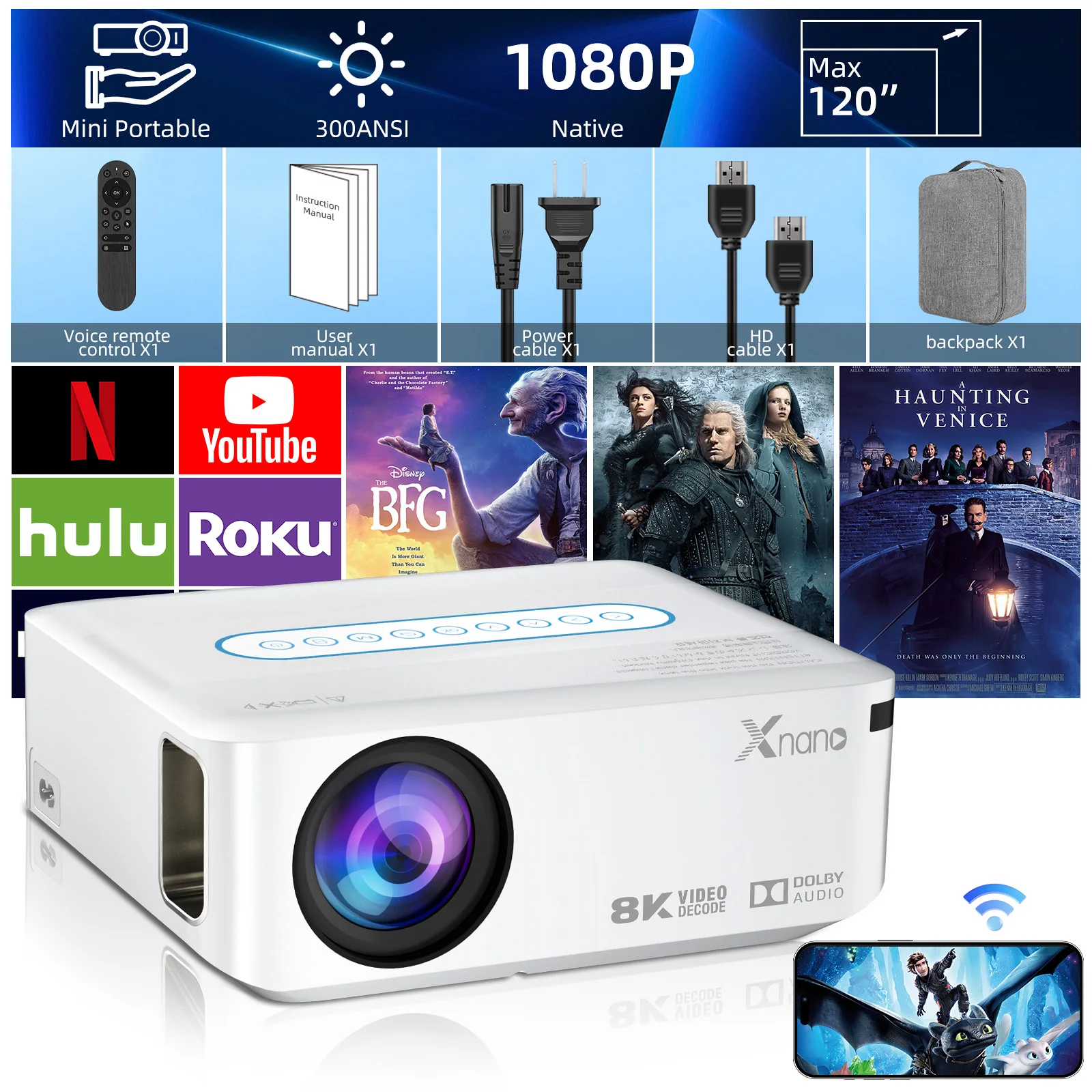 

Xnano Projector 8K 350ANSI Android 9 Dual Wifi6 Quad-core BT5.0 Native 1080P Home Cinema Outdoor Portable Smart Projectors