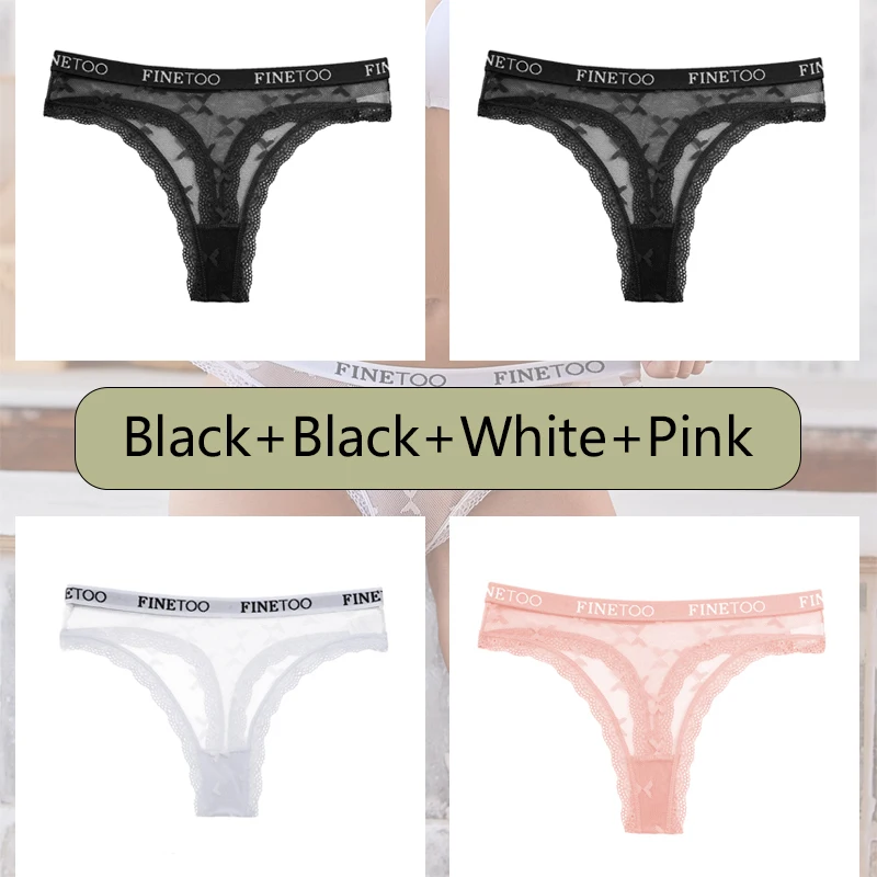 FINETOO 4Pcs Sexy frauen Spitze Bikini Thongs Low-taille Brief Unterwäsche Tanga Weibliche G-String Transparent Atmungsaktive Dessous