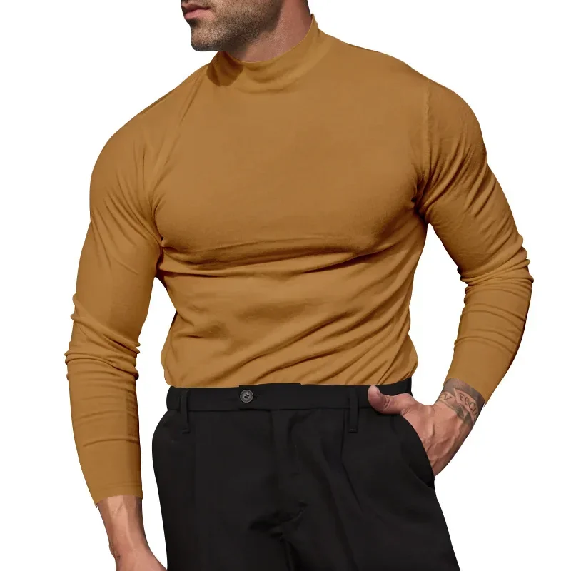 

Pop New Fashion Autumn And Winter German Velvet Solid Color Long Sleeved T-shirt Close Fitting Semi High Necked Men's Undershirt