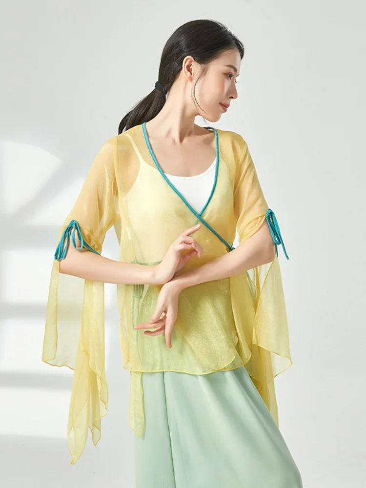 بلوزة رقص فضفاضة بأكمام جرس شبكية على شكل حرف V - ملابس أداء أنيقة بأكمام طويلة للنساء ملابس أزياء المسرح الكلاسيكي