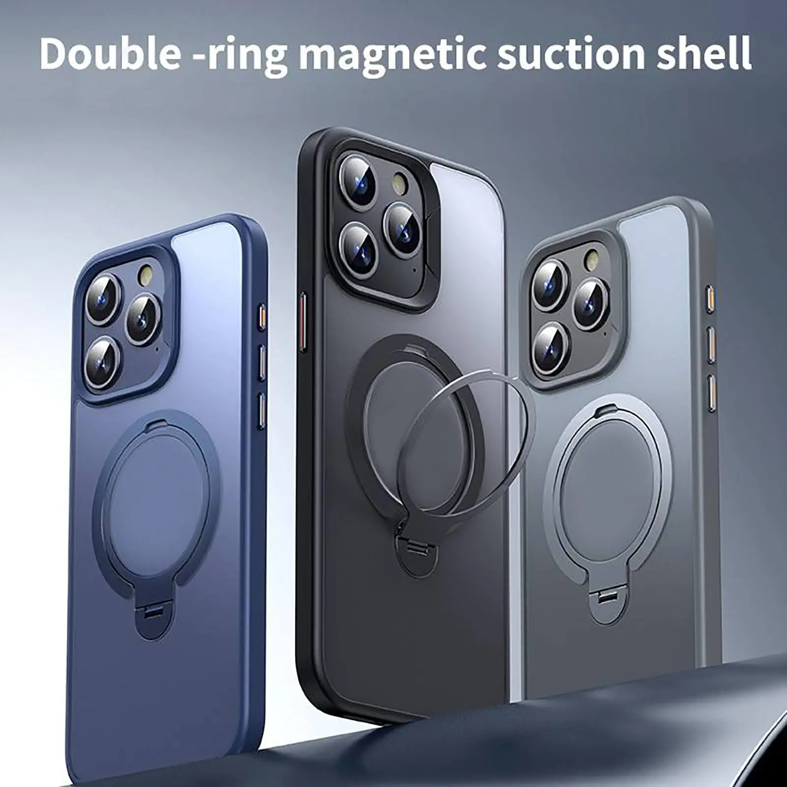 Slim Case for iPhone 15 Pro Max/15 Pro/15 Double Ring Magnetic Stand Frosted Translucent Back Cover Support Wireless Charging