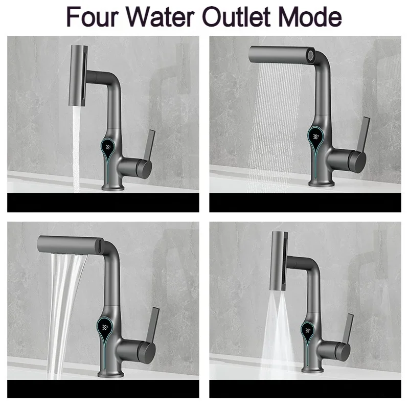 Temperature Digital Display Basin Faucet 4 Function Stream Sprayer Waterfall Hot Cold Water Sink Mixer Wash Tap for Bathroom