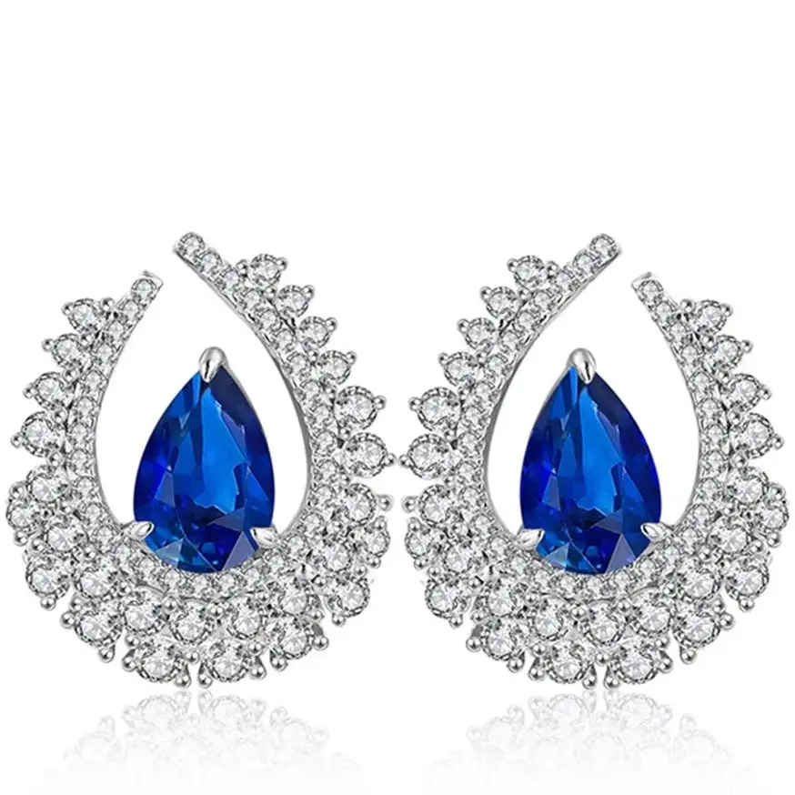 ShanLover Brand Deep Blue Teardrop Earrings Sapphire Stud Earrings For Lab Grown Gemstones Women S925 Silver Earrings