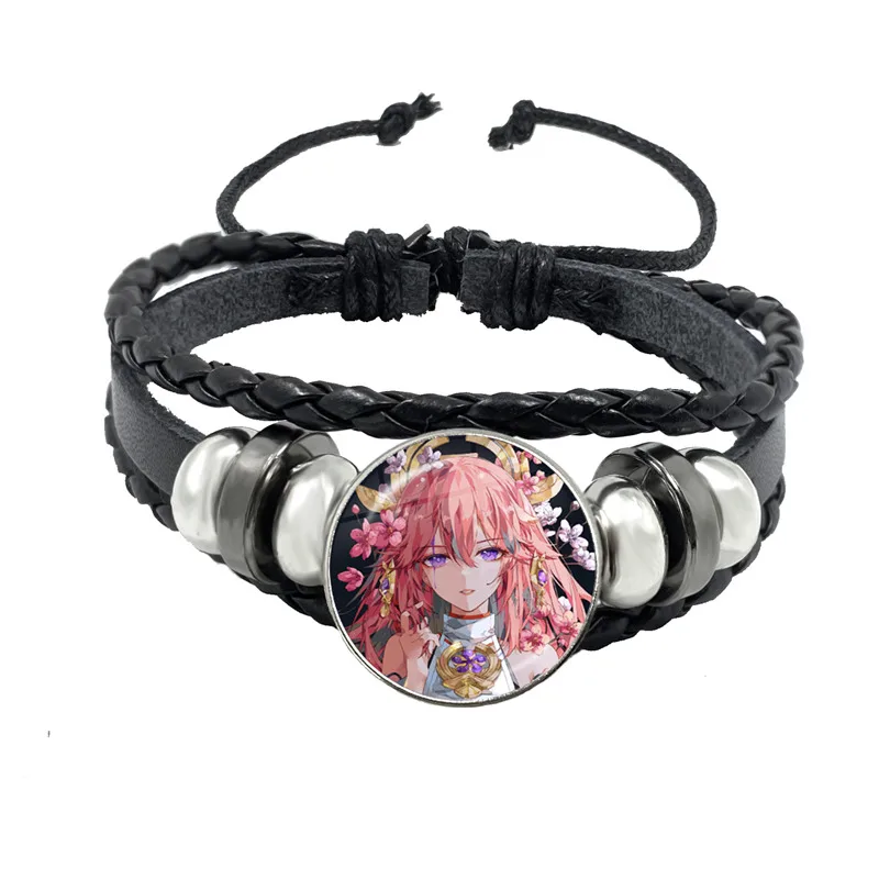 Game Genshin Impact Cosplay Prop Snap Button Bracelet Women Men Anime Jewelry Handmade Multilayer Black Punk Bangle Gift