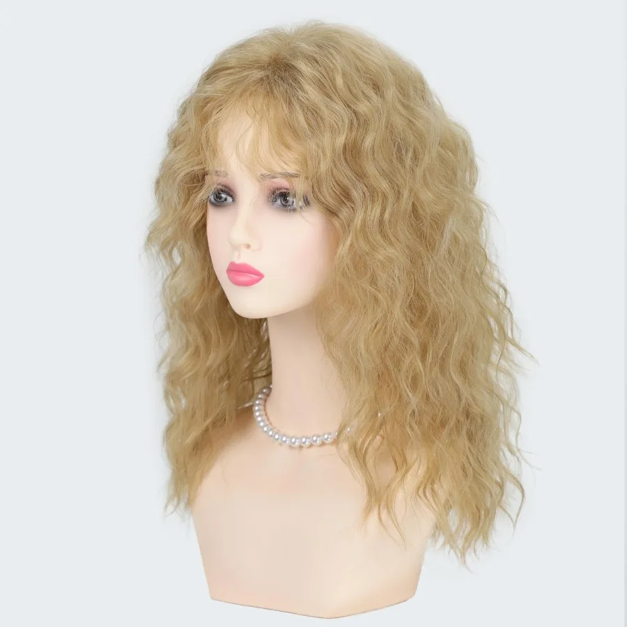 باروكات أشقر طويلة مموجة مع غرة للنساء: باروكات شعر صناعية مجعدة طبيعية متوسطة الطول مثالية لأزياء الهالوين التنكرية