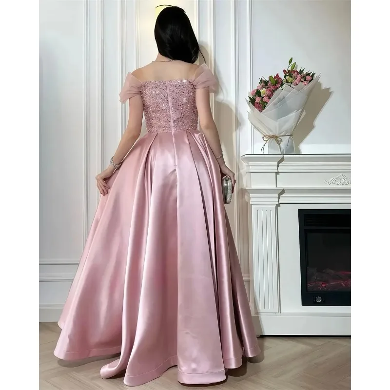 Rosa a linha vestido de noite frisado mangas boné cetim vestido de baile nova chegada vestido de festa vestdos de fiesta personalizado