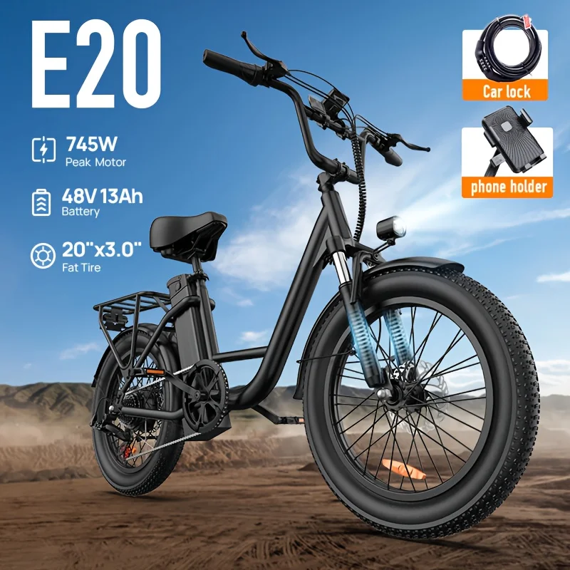 

Electric Bike 20"x3.0" Fat Tires, 745W Peak Motor, 48V 13Ah Removable Battery, 80 Miles Range, LCD Color Display, All Terrain EB