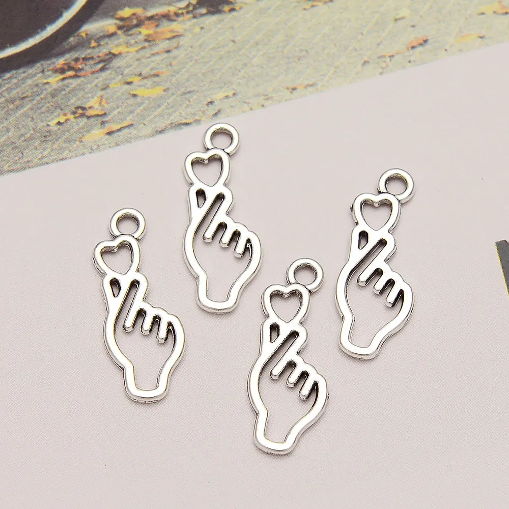 40pcs/lot--8x22mm Mini Hollow Heart Hand Gest Korean Charms Pendants For Diy Jewelry Making Supplies Wholesale Bulk Items