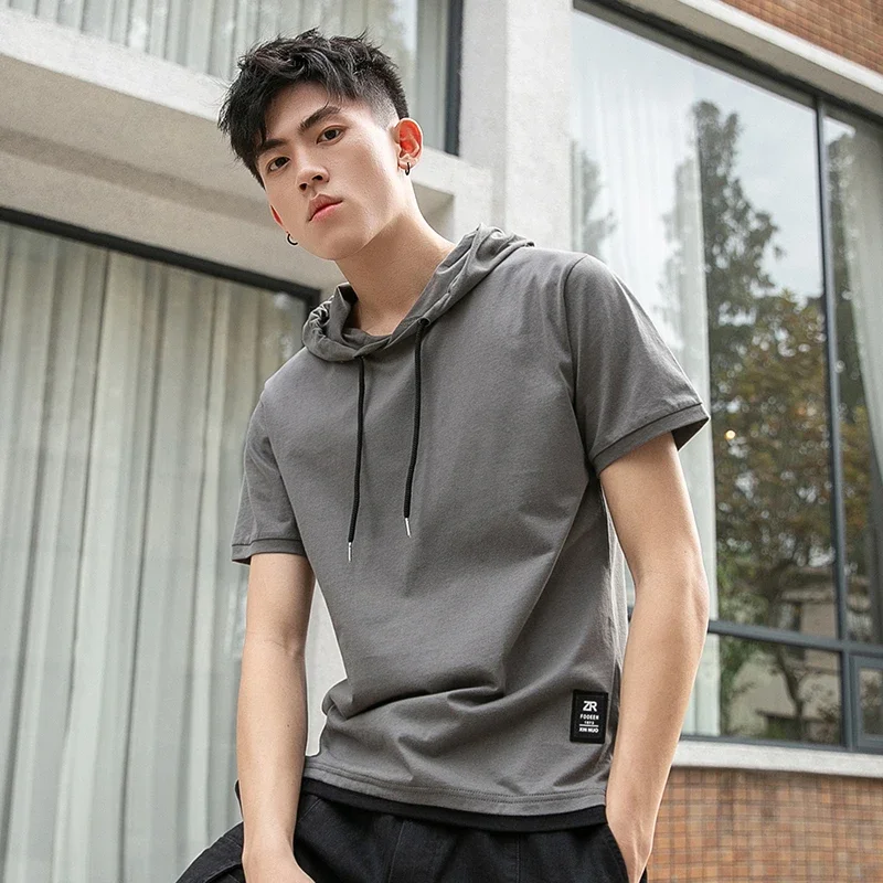 

False Two Short Sleeve T-shirt Men's Hoods Casual Loose Summer New Solid Color Stitching Cotton Top Tee