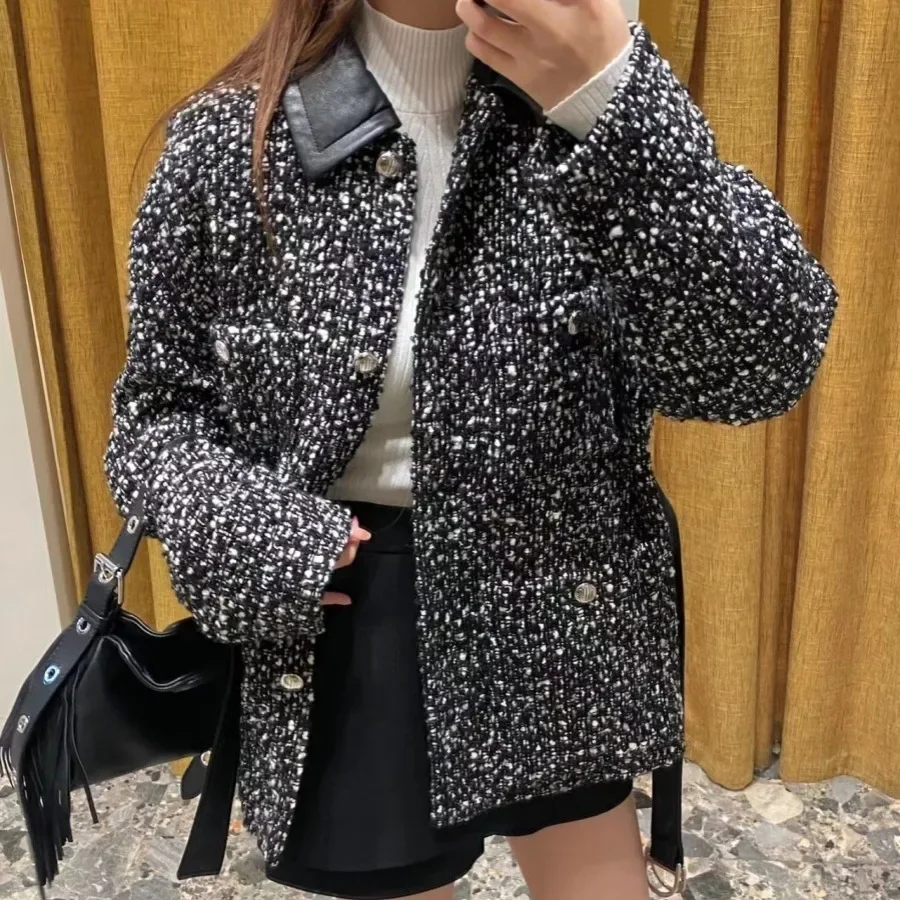 

French niche 2023 autumn and winter new women's clothing leather square neck strap waist tweed jacket