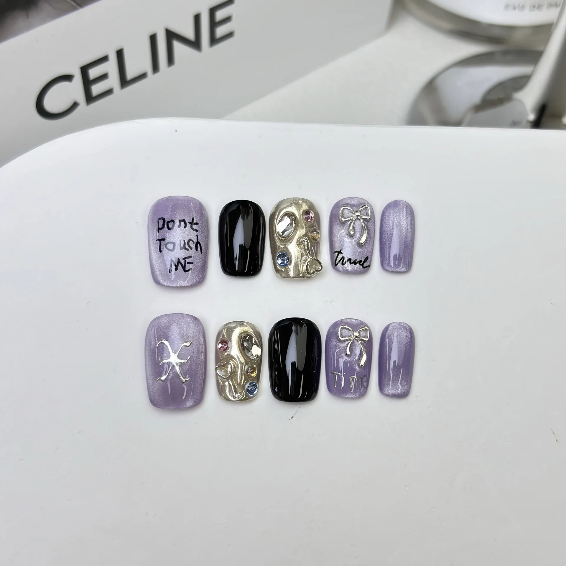 10 Uds. De uñas postizas hechas a mano con lazo púrpura, puntas de uñas de cobertura completa metálicas desnudas para mujeres y niñas, arte de uñas postizas desmontable