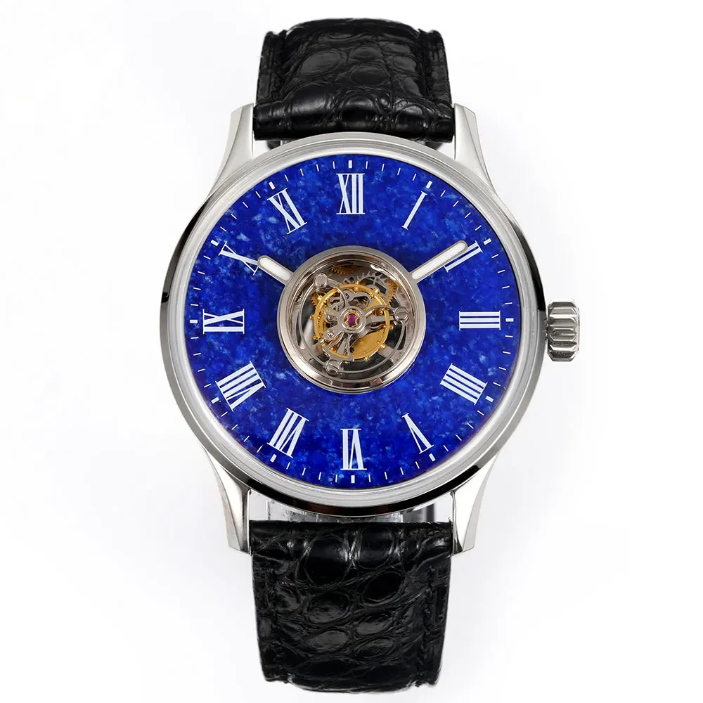 HUASUO 42mm Tourbillon centrale Orologio meccanico da uomo Pietra preziosa Quadrante cielo stellato Movimento pavone Riserva di carica extra lunga di 5 giorni