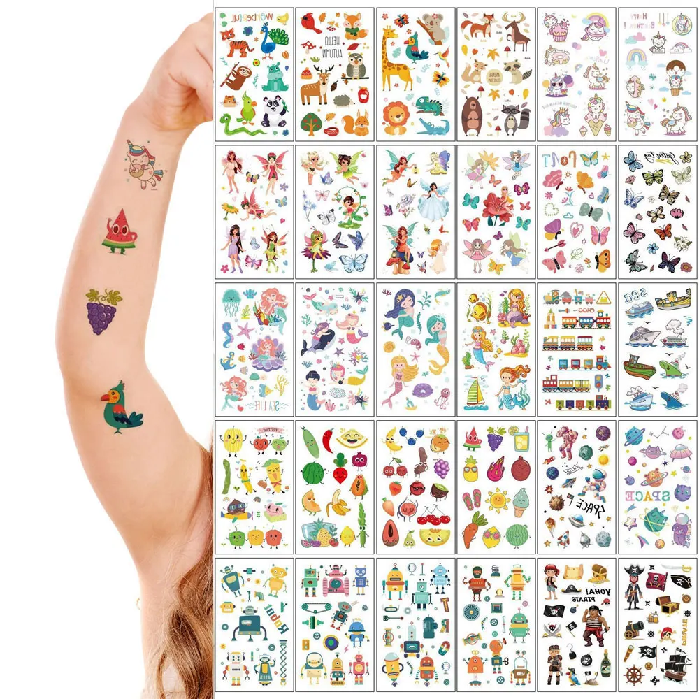 30pcs Cartoon Tattoos for Kids Waterproof Temporary Tattoos for Children Unicorn Mermaid Car Fruit Fake Tattoo for Hand Body