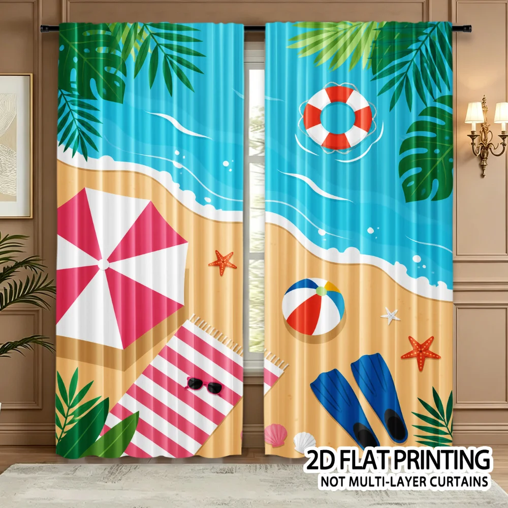 Summer Beach Curtain, Tropical Leaf Umbrella Pattern Drape, Ocean Vacation Window Treatment for Living Room Bedroom Kids Home