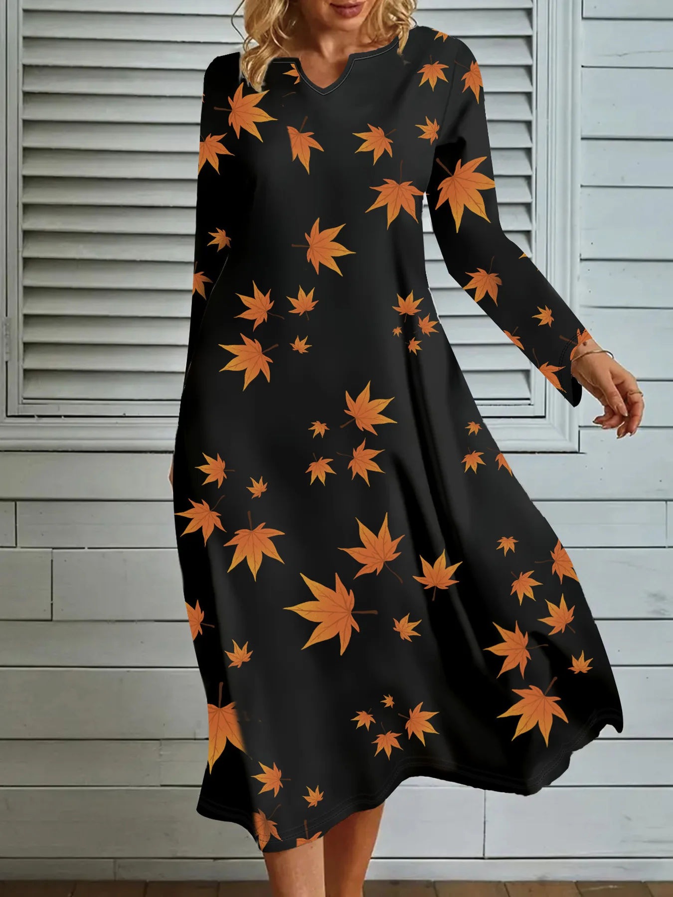 2024 European and American new cross-border digital maple leaf print long sleeved V-neck big swing dress for women