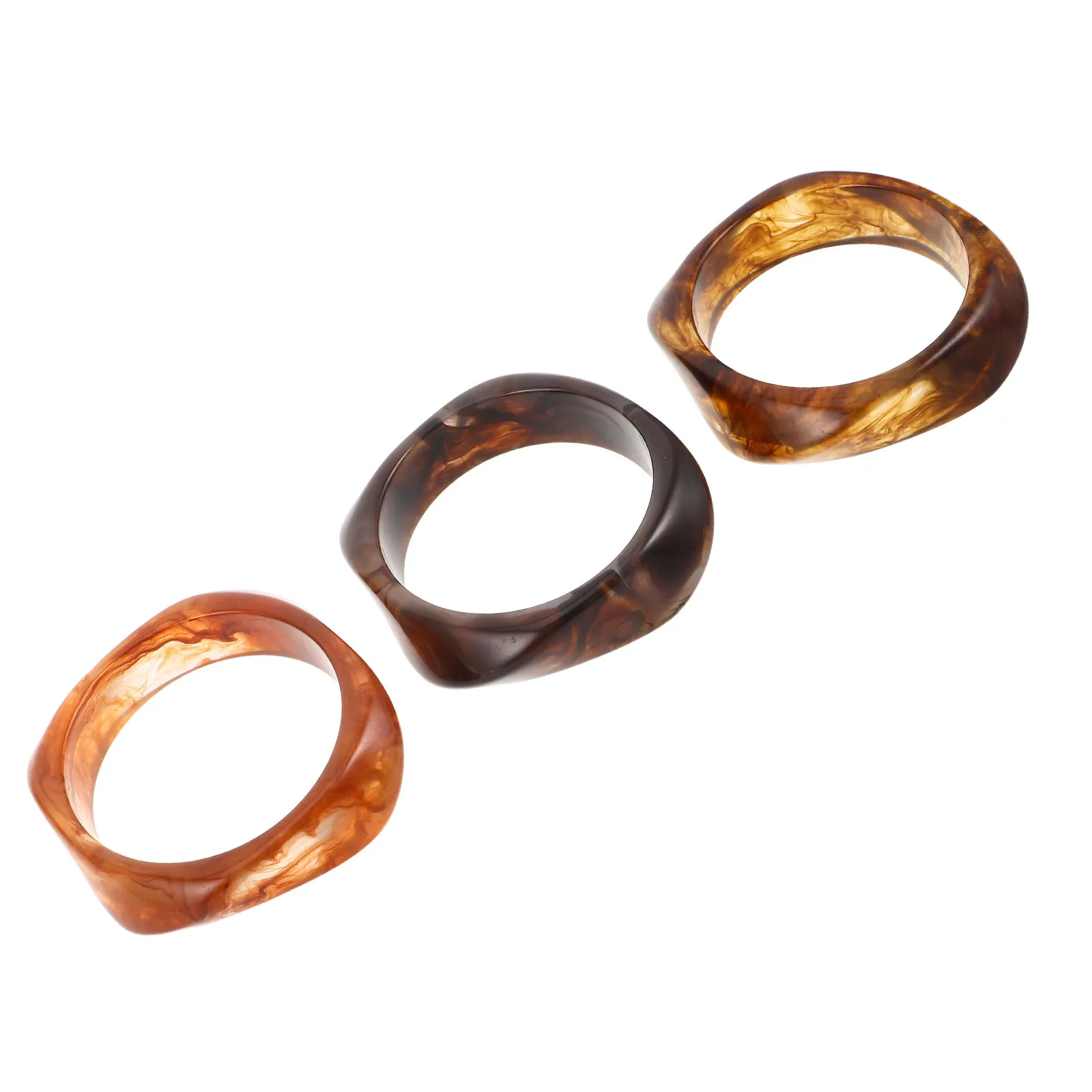 3Pcs Geometric Resin Bangle Bracelets for Women - Coffee Marbled Irregular Chunky Cuff Comfortable Lightweight Statement Jewelry