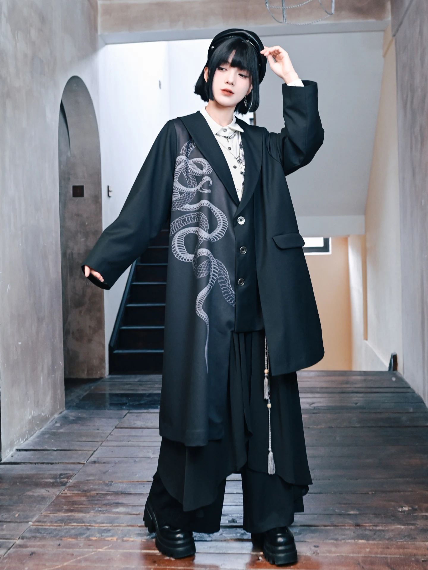 

Long Printed Windbreaker Jaet Irregular Splicing k Color Women's Coat Casual Loose Fit Polyester Viscose Single Button