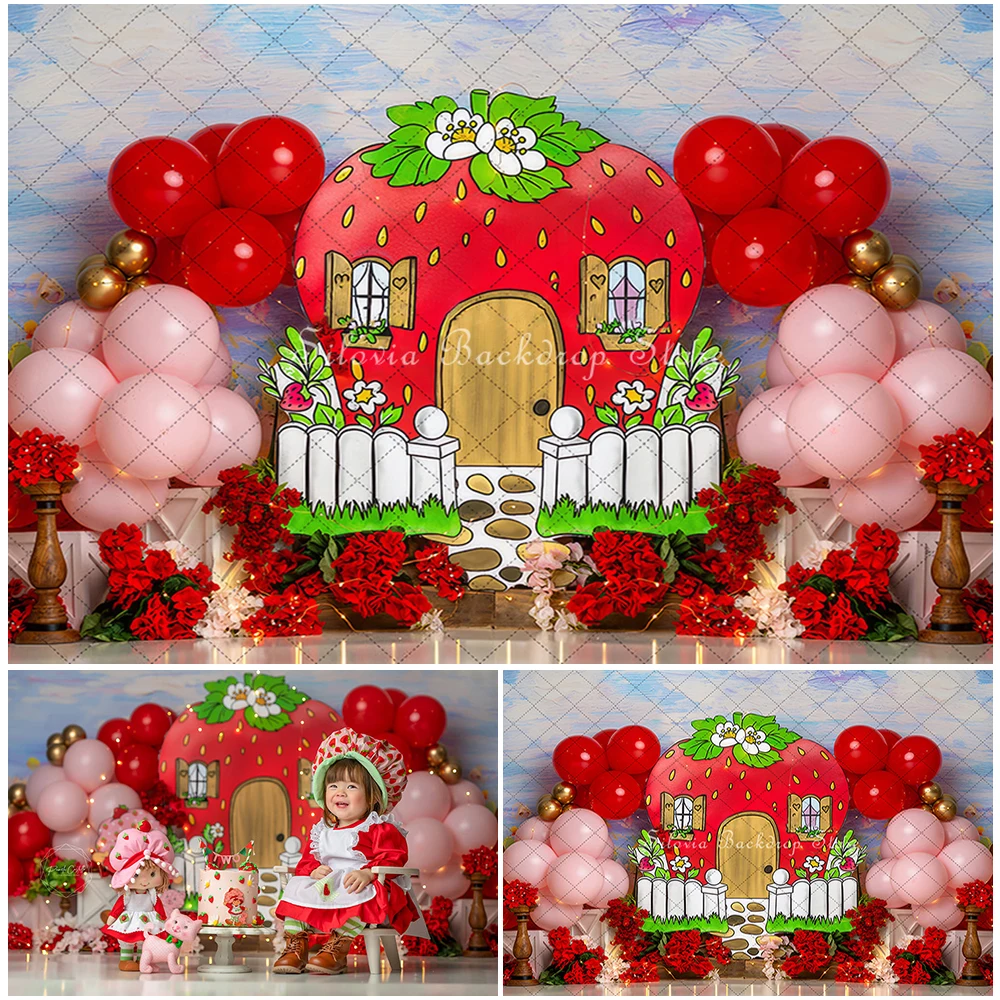 

Berry First Birthday Cake Smash Photography Backdrop Red Strawberry House Photo Background Flowers Balloons Photo Studio Props