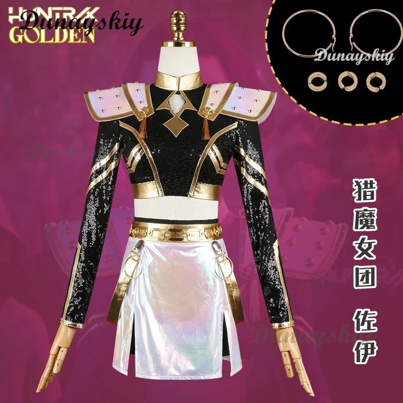 Zoey Cosplay KPop Demon Hunters Costume Wig Black Gold Stage Outfit Huntrix Uniform Halloween Party Women Girls Carnival Suit