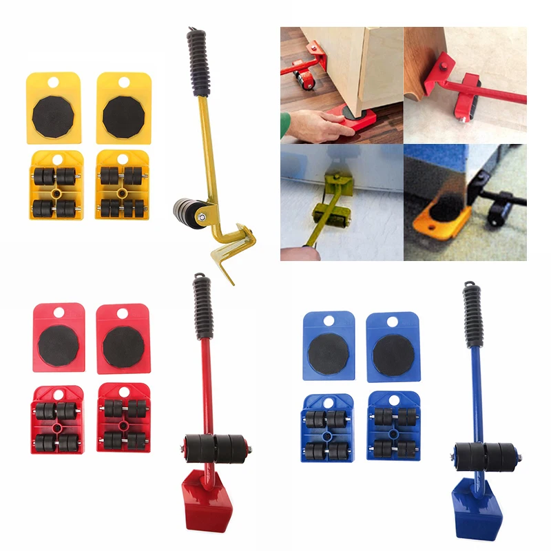 

Furniture Mover Tool Set Furniture Transport Lifter Heavy Stuffs Moving Tool 4 Wheeled Mover Roller+1 Wheel Bar Hand Tools Set