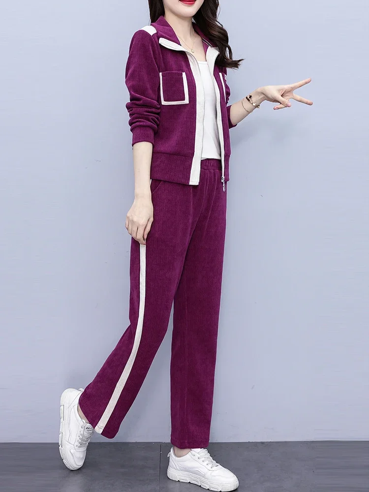 Jacquard Weave Tracksuit Women Autumn Outfits Solid Zip Up Jacket and Wide Leg Pants Two Piece Set Casual Sweatsuit