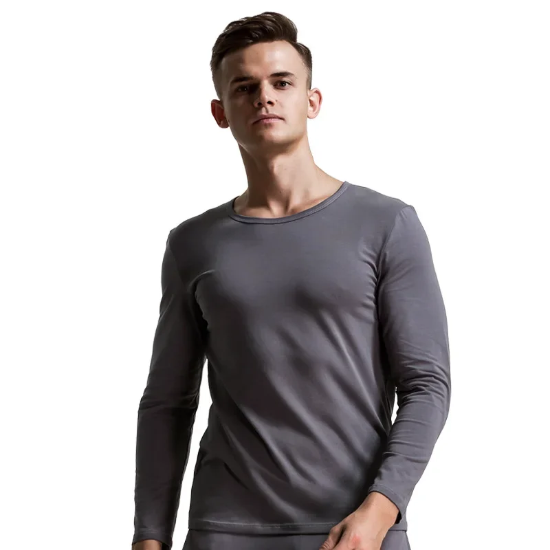 Mens Autumn Base Cotton Skin Friendly Thin Sleepwear Thermal Underwear Top Casual Loose Long Sleeved Elastic Warm Pullover Shirt