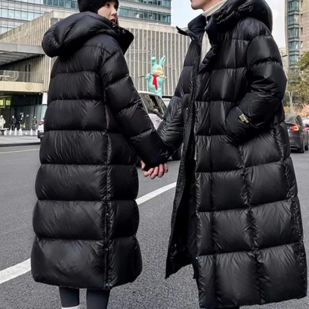 Nueva chaqueta larga de invierno para parejas, moda para mujer, abrigo de pato blanco cálido con forro técnico para hombre, Parka con capucha para hombre, chaqueta de plumas