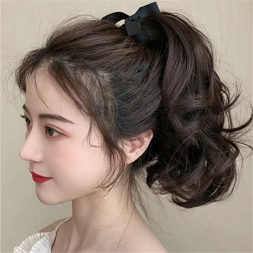 Mid-Length Synthetic Ponytail Wig Short Curly Hair Big Waves Strap Style Hairpiece for Women Natural Look Easy Wear