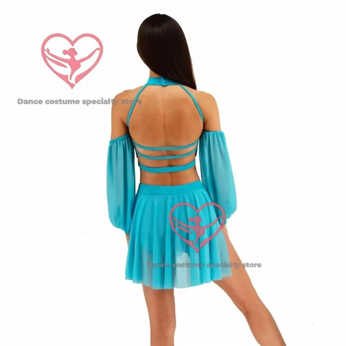 Ladies Lyrical Dance Skirt Set Turquoise Satin & Sheer Long Sleeve Performance Wear