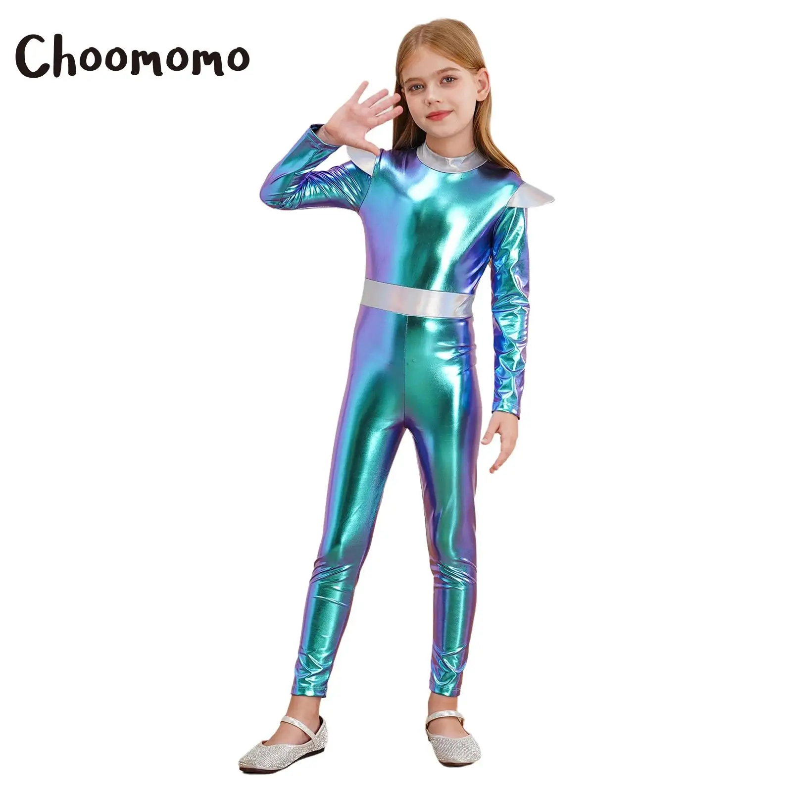 Kids Girls Alien Costume Outer Space Cadet Holographic Metallic Full Bodysuit Jumpsuit Halloween Party Cosplay Dress Up