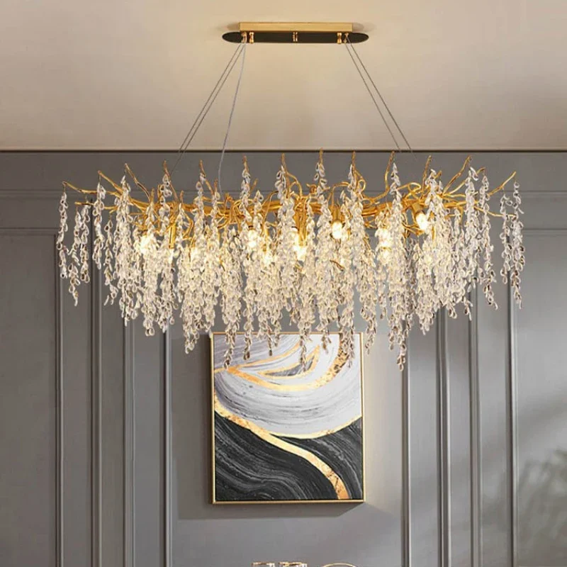 Light luxury tree branch crystal chandelier for living room round golden fashionable LED modern luxury long ceiling chandelier