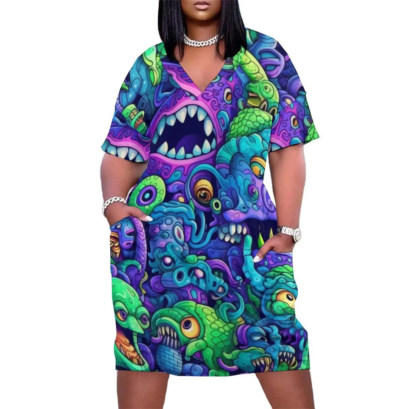 Alien Demon Colorful Doodle Pattern Loose Pocket Dress dress summer dress for women party evening elegant luxury celebrity