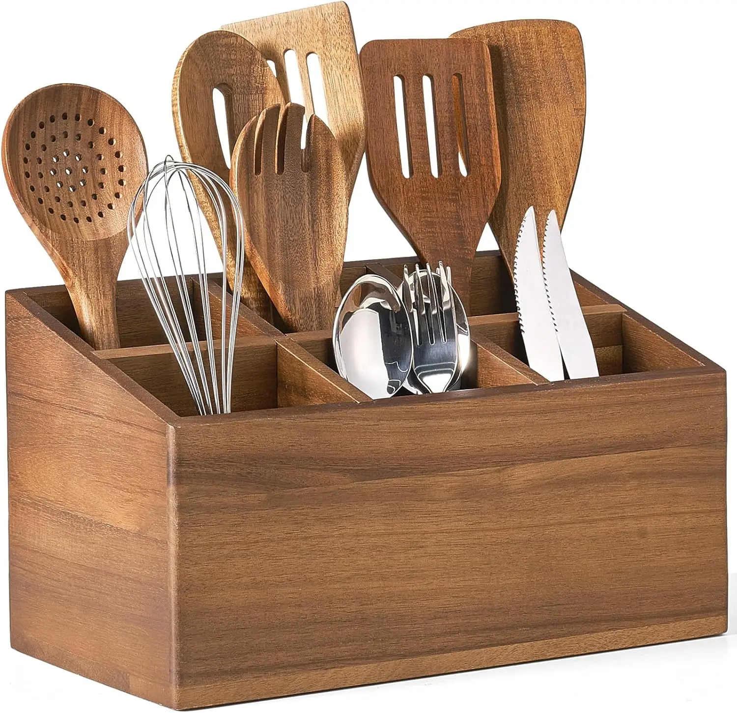 

Wooden Utensil Holder Counter, Kitchen Utensil Organizer Large 6 Compartment Cooking Utensils Holder