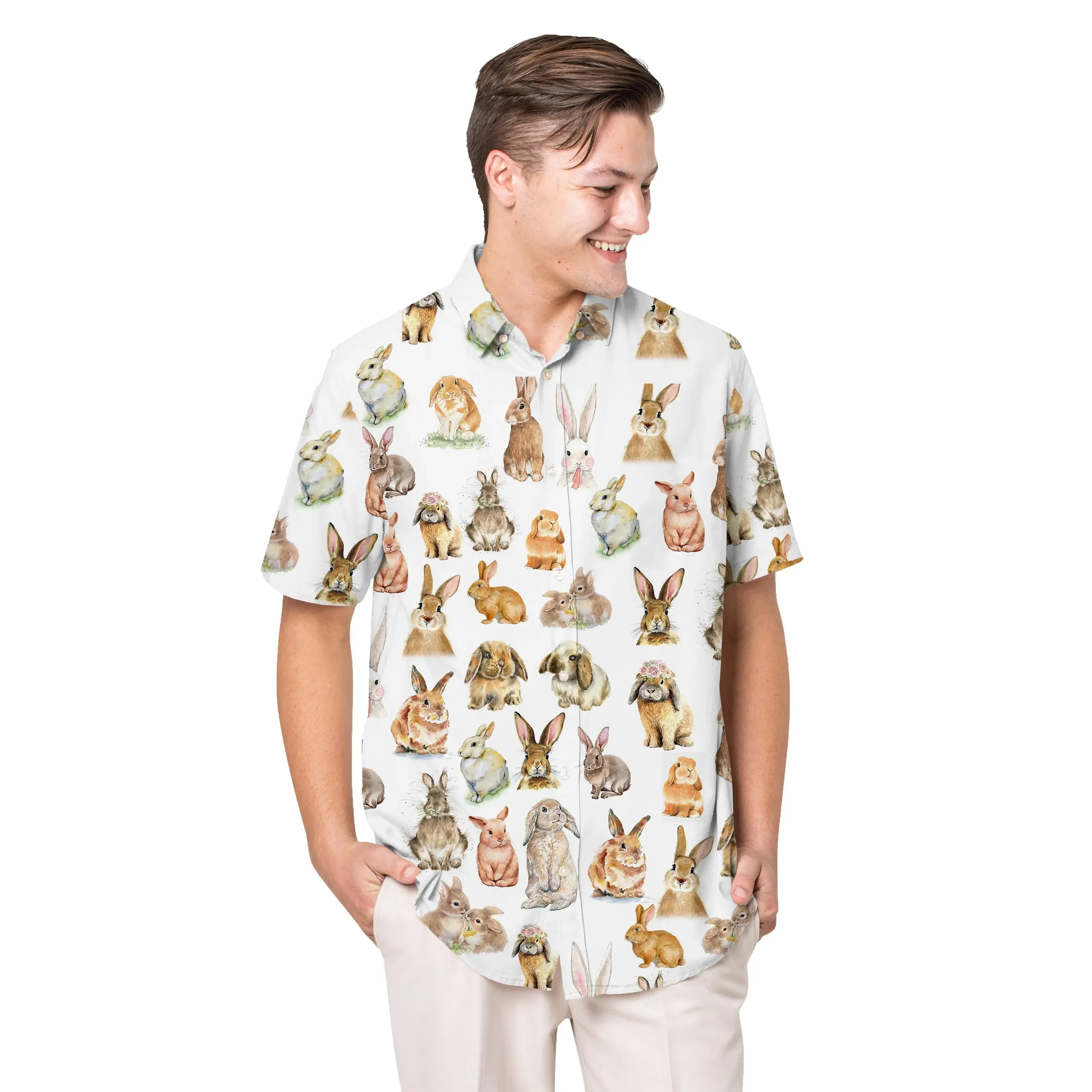 Jumeast Cute Bunny Pattern Short Sleeve Hawaiian Shirt Animal Graphics Polyester Aloha Shirts Tropical Style Casual Man Clothing