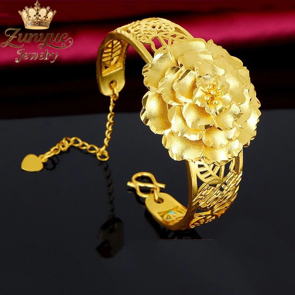 Sand Gold Hollowed-Out Three-Dimensional Peony Flower Bracelet Luxury Quality Jewelry Best Selling Fashion Jewelry Charms Gift